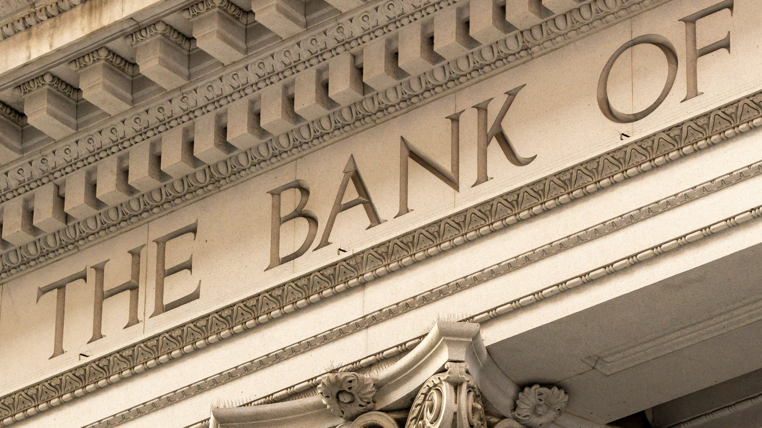 The bank of ornate classical columns and facade