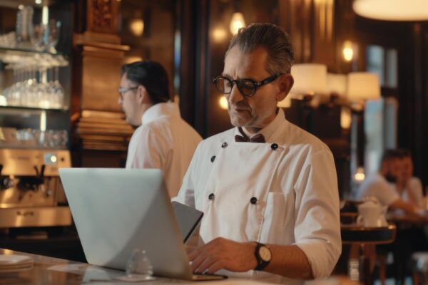 Restaurant managers working with laptop