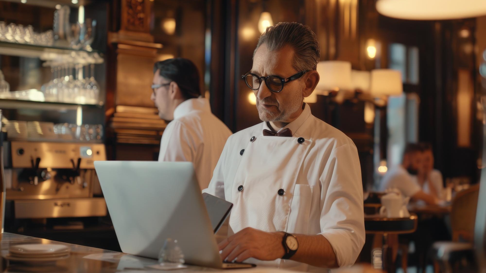 Restaurant managers working with laptop