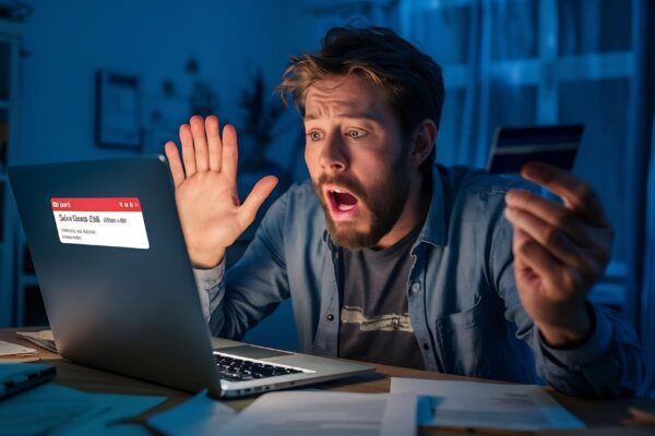 Shocked man with credit card and laptop