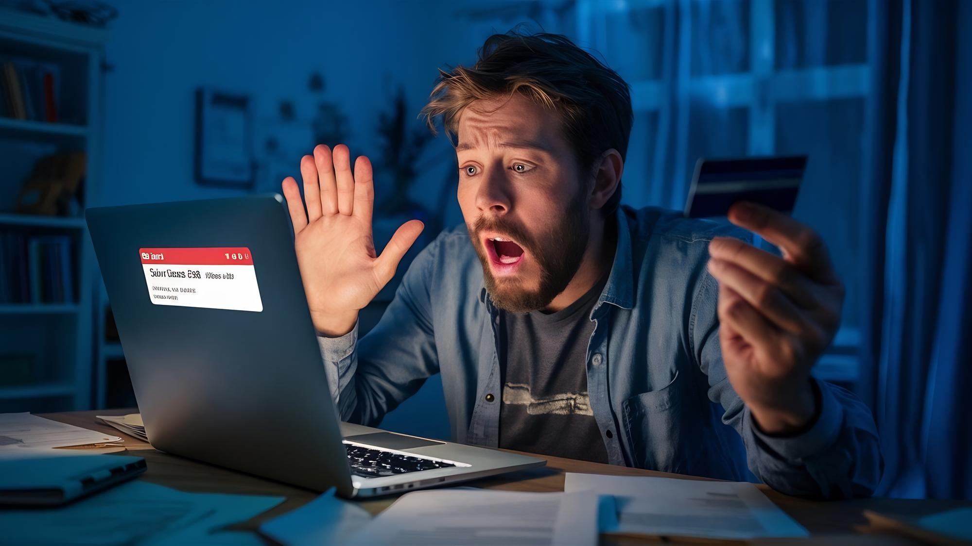 Shocked man with credit card and laptop