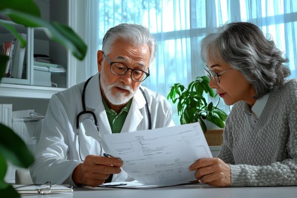 Doctor reviewing medical records with an elderly couple at their home calm watercolor background personalized healthcare planning