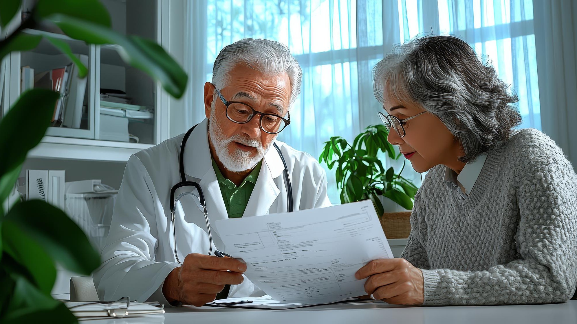 Doctor reviewing medical records with an elderly couple at their home calm watercolor background personalized healthcare planning