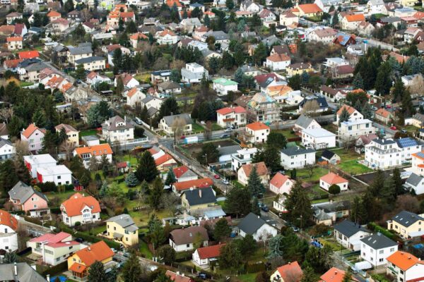 High angle view of houses in town