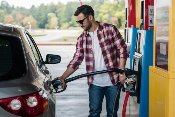 Man putting gasoline fuel into his car in a pump gas station