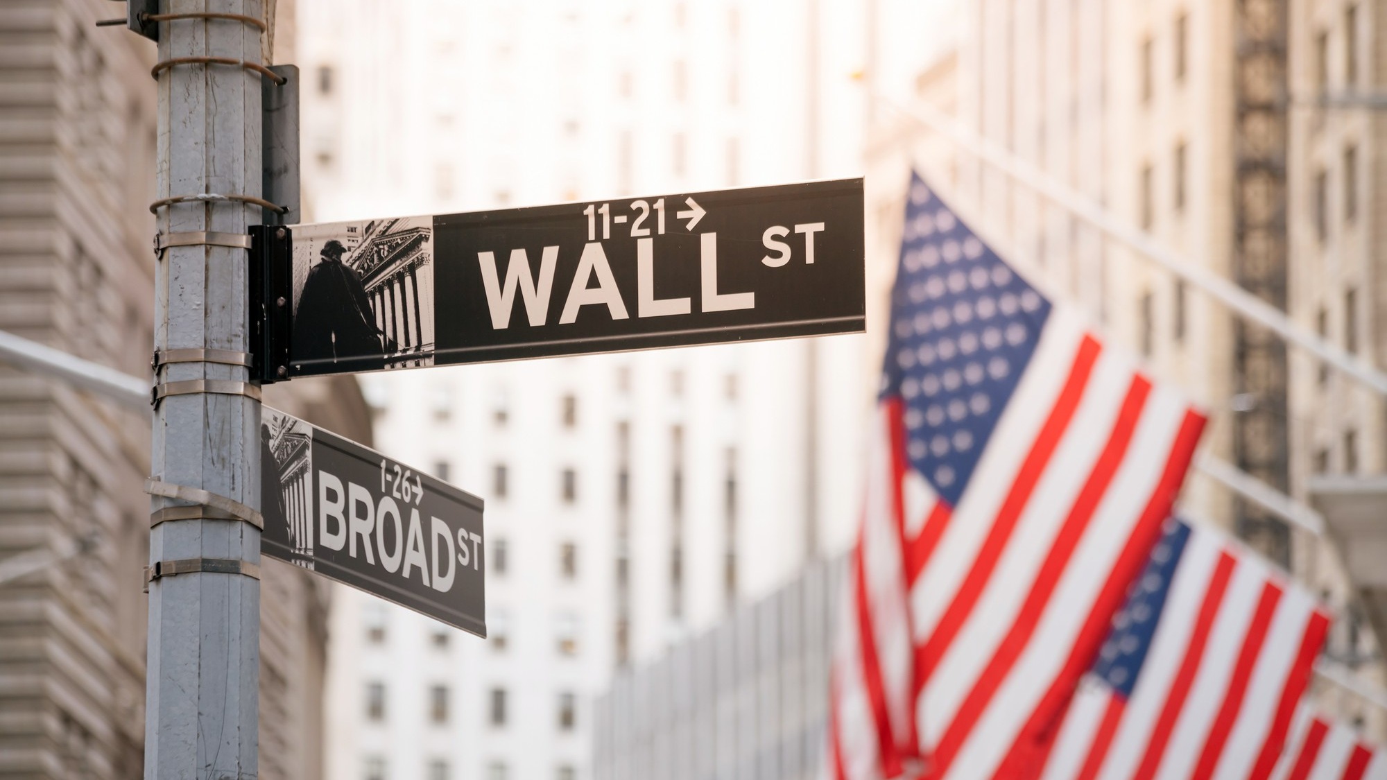 Wall Street sign in lower Manhattan New York, USA