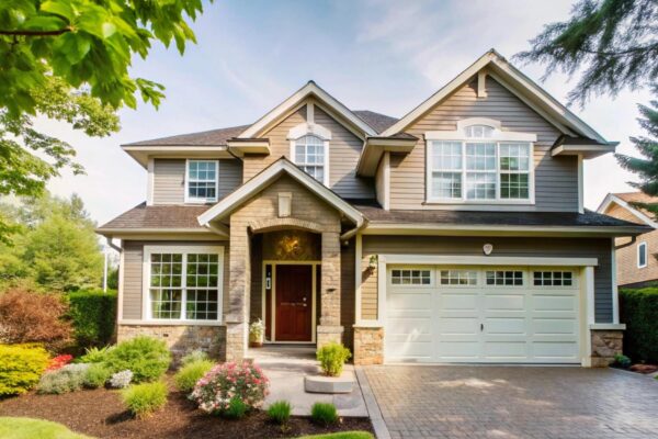 a home with a large front door that has a driveway that leads to a driveway