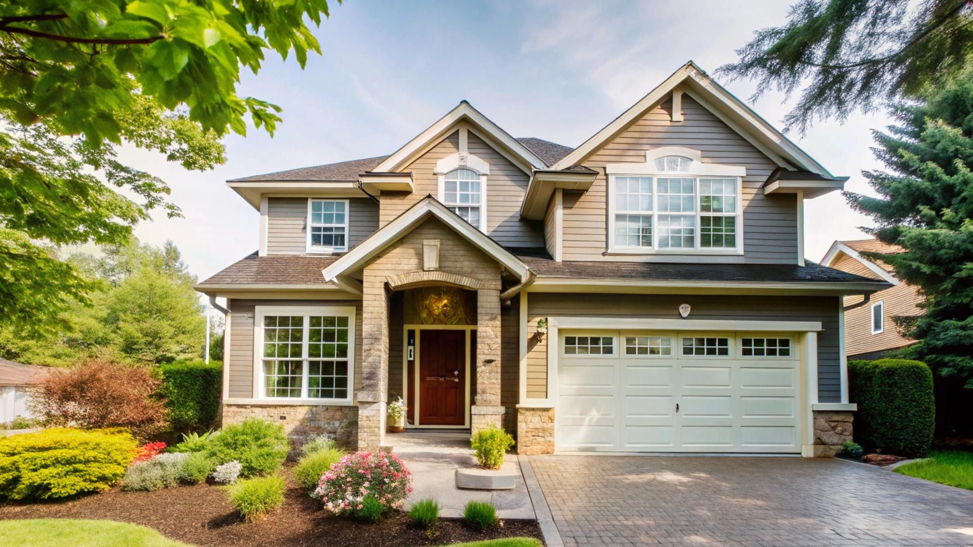 a home with a large front door that has a driveway that leads to a driveway