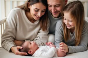 Happy family with newborn baby in crib parents and daughter smiling