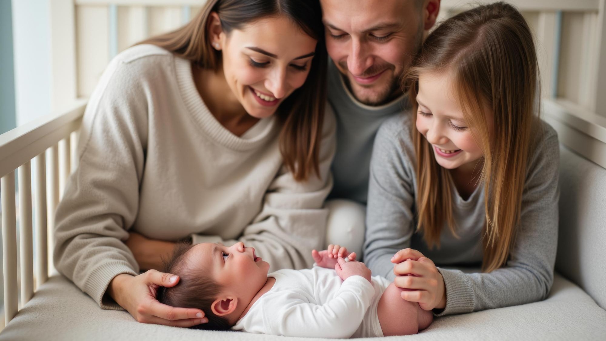 Happy family with newborn baby in crib parents and daughter smiling
