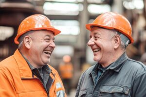 Two middleaged factory workers in orange safety helmets laughing and chatting in an industrial setting highlighting camaraderie and teamwork