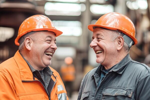 Two middleaged factory workers in orange safety helmets laughing and chatting in an industrial setting highlighting camaraderie and teamwork
