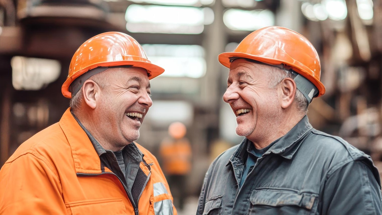 Two middleaged factory workers in orange safety helmets laughing and chatting in an industrial setting highlighting camaraderie and teamwork