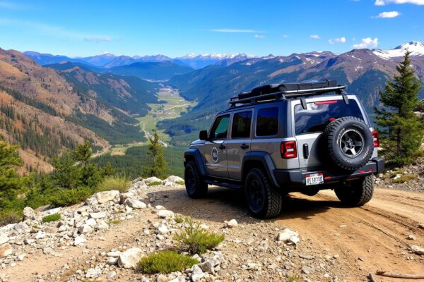 a jeep with the word jeep on the back is parked on a dirt road