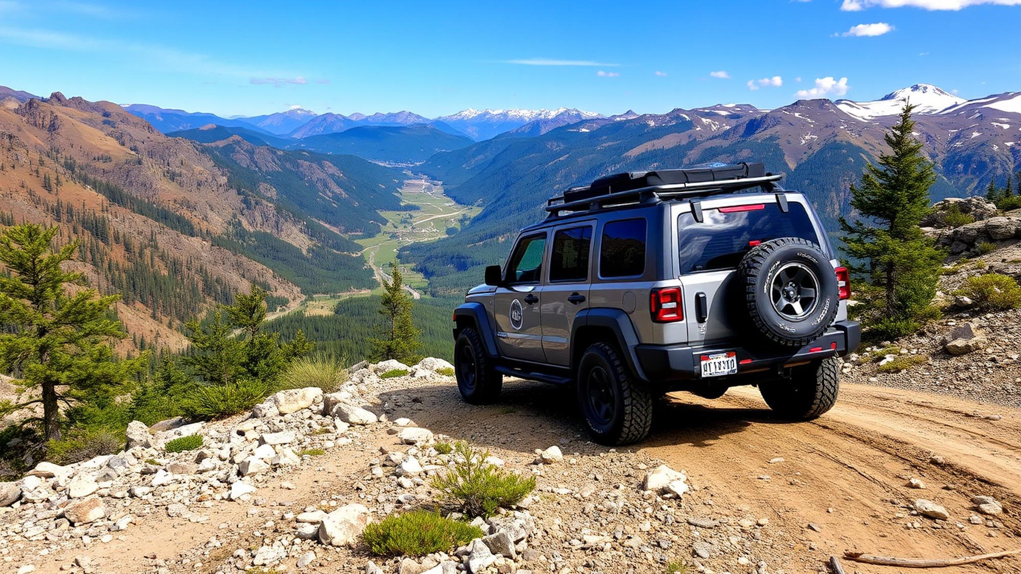 a jeep with the word jeep on the back is parked on a dirt road