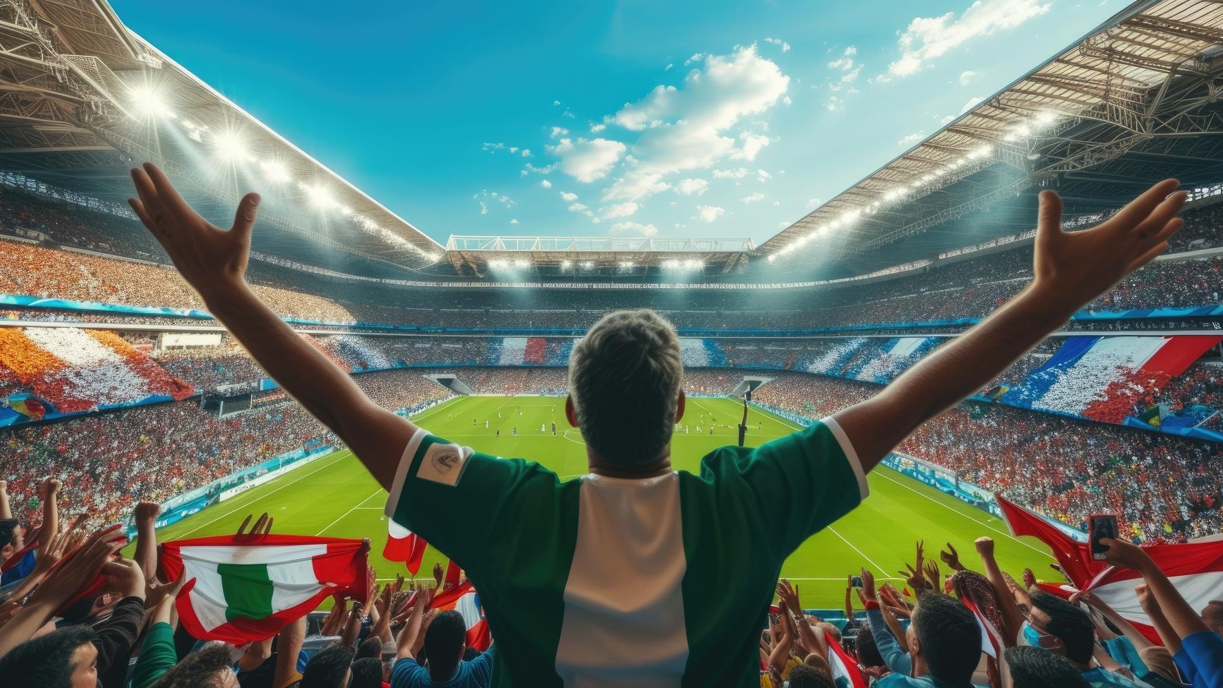 A man is watching a soccer game in a stadium with his arms in the air aig