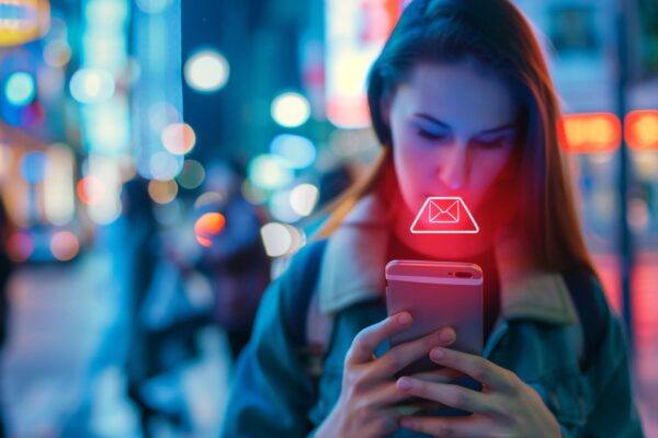 Woman Checking Email on Phone in City
