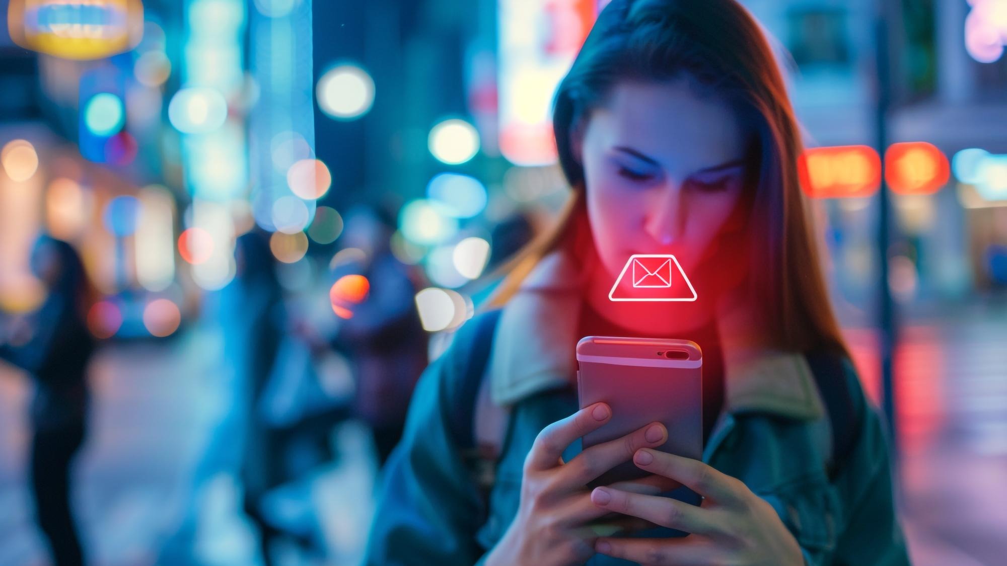 Woman Checking Email on Phone in City