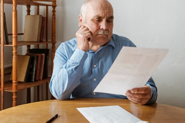 Elderly grey haired man with mustache reading