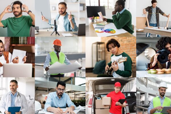 This image showcases nine diverse individuals engaged in various professional activities multiracial