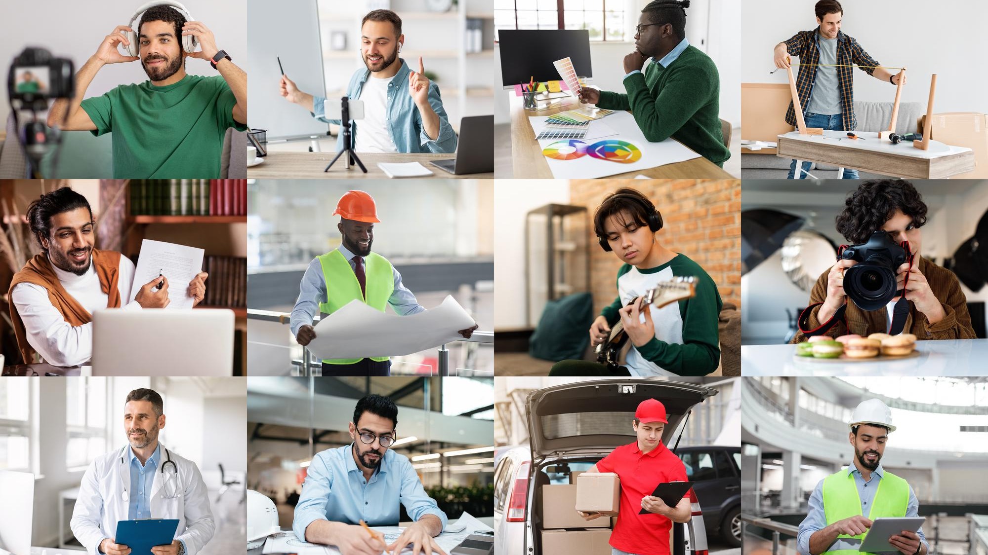 This image showcases nine diverse individuals engaged in various professional activities multiracial