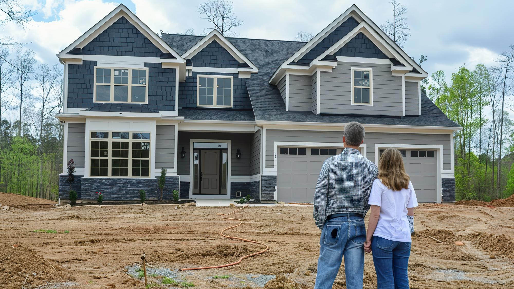 A family of three a man a woman and a child stand in front of a house generative ai image