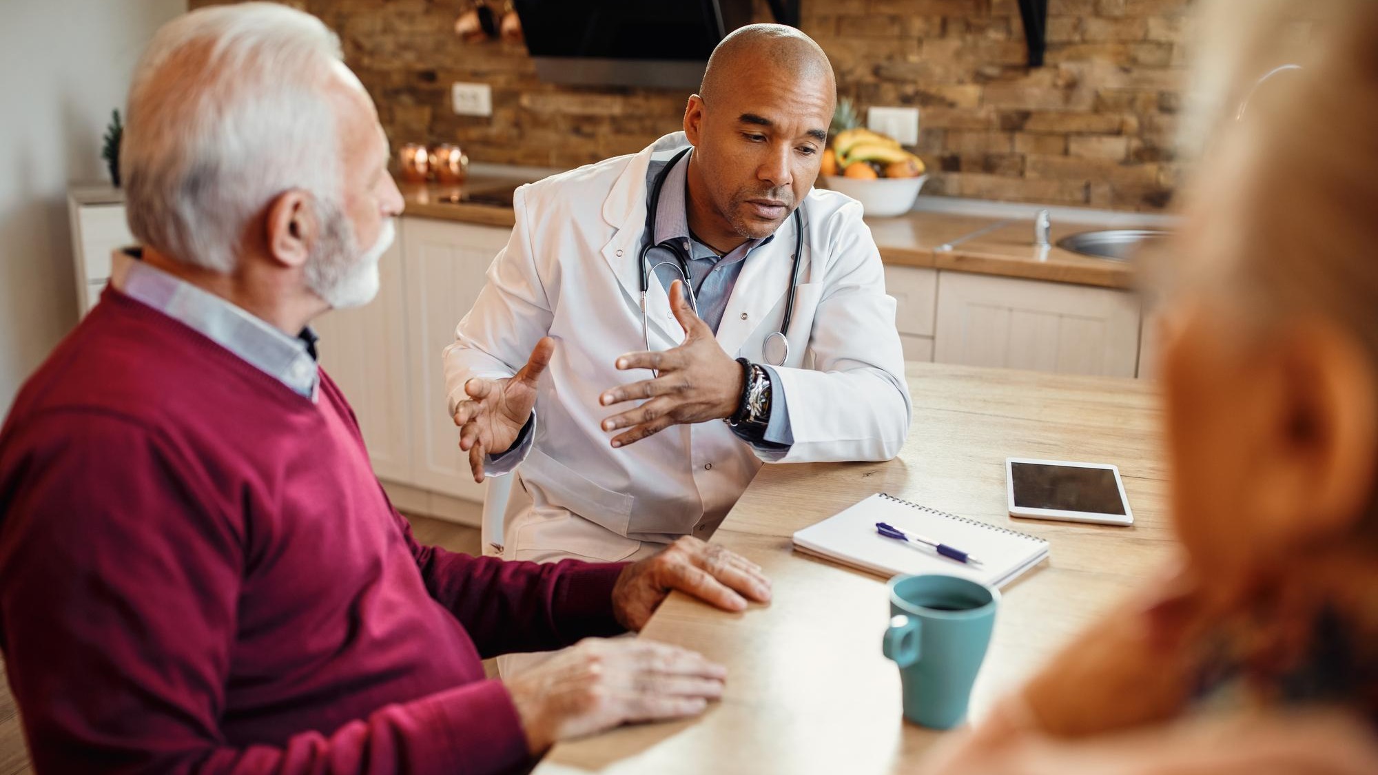 African American doctor communicating with mature couple during home visit