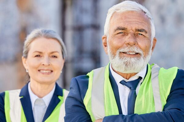 Mature team and arms crossed in portrait on construction site with supervisor or foreman in vest Manager boss and confidence for company with architect or city planner for collaboration in Germany