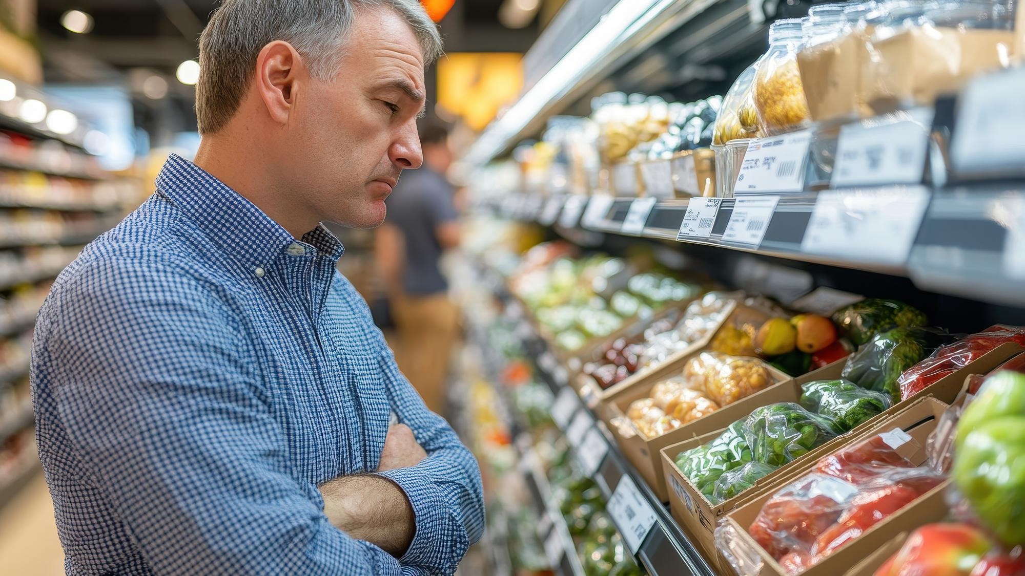 Serious Shopper Examines Empty Grocery Shelves