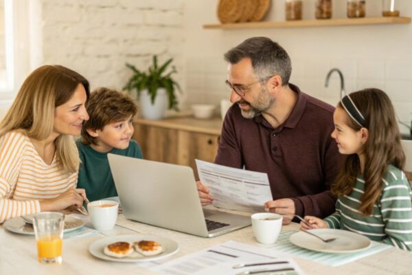 A family sitting around a dining table reviewing tax forms and discussing their deductions with a laptop open in front of them