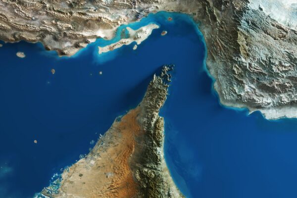 Detailed 3D Relief Map of the Strait of Hormuz and Middle East Topography