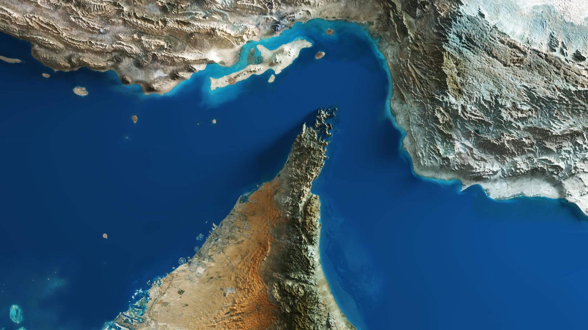 Detailed 3D Relief Map of the Strait of Hormuz and Middle East Topography