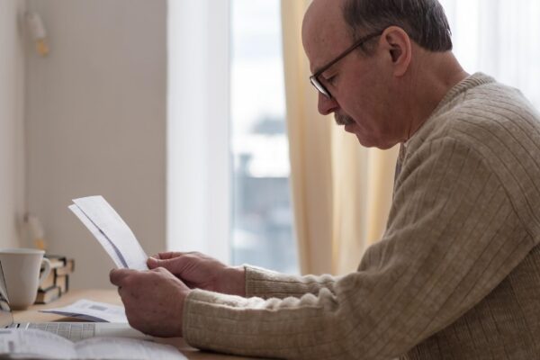 Senior man sitting at table at home alone with paperwork