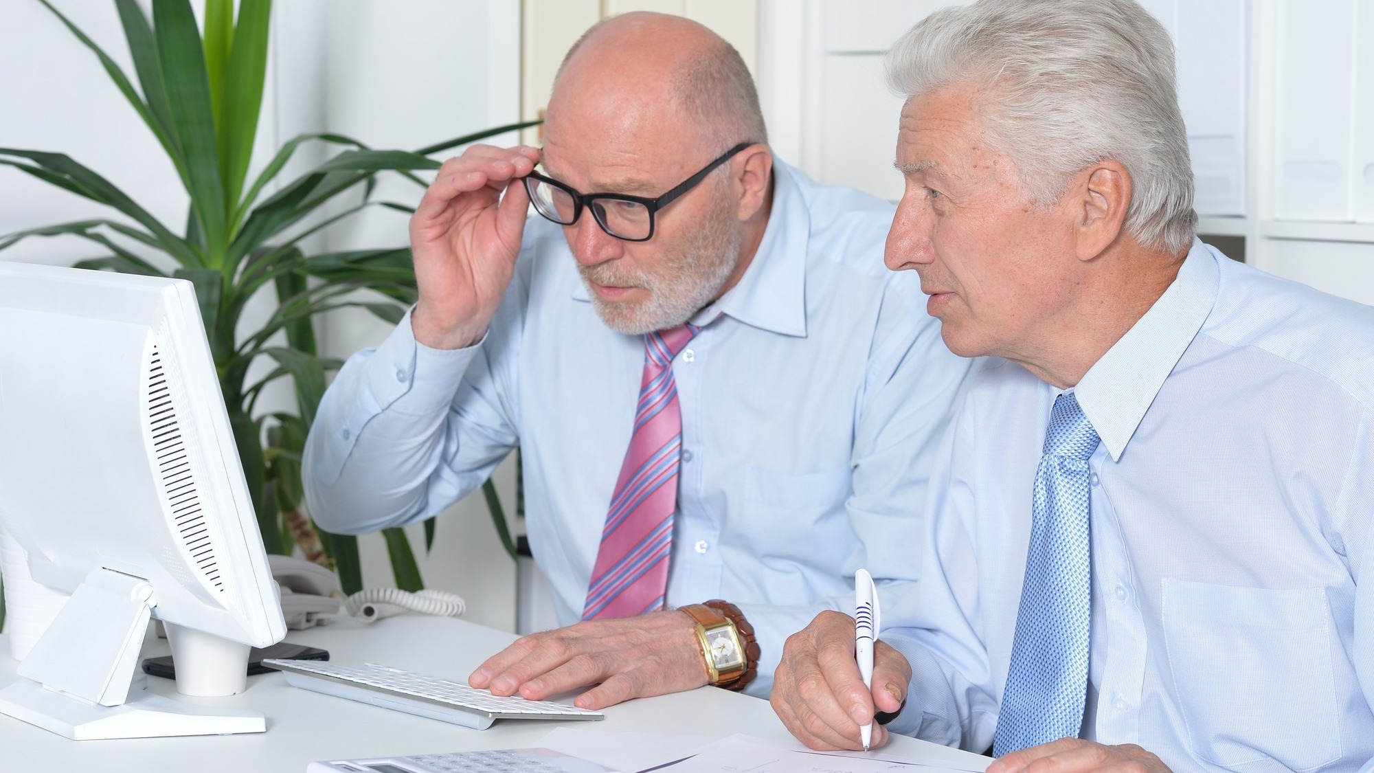 Portrait of two senior Business people working together with computer on the table