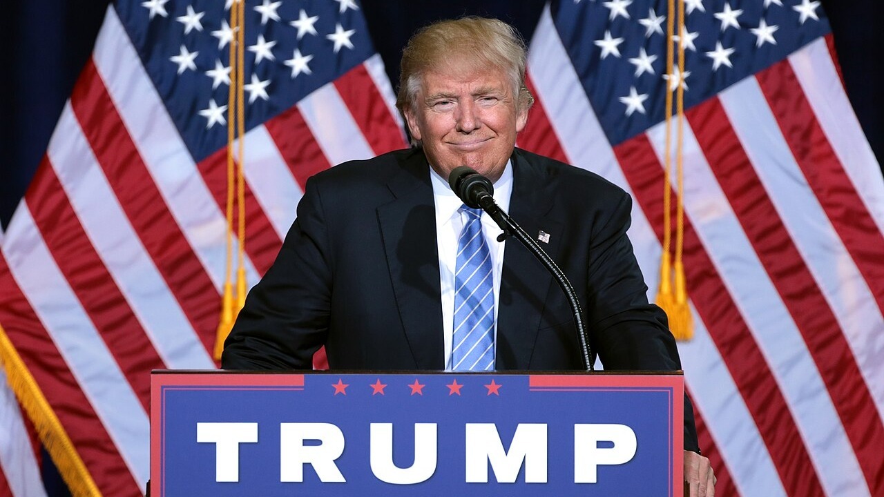 Donald Trump speaking at an immigration policy speech in Phoenix, Arizona.