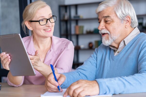 Close up on senior couple while learning