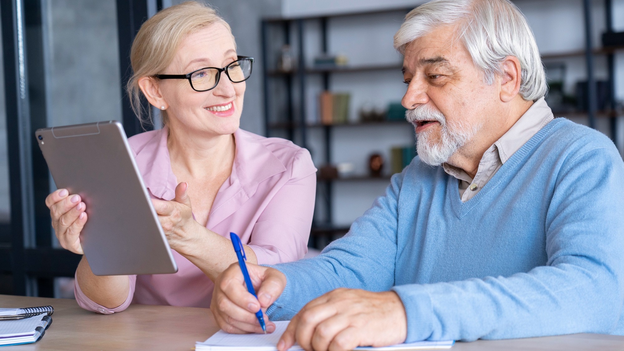 Close up on senior couple while learning