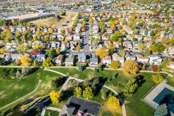 Aerial view of residential neighborhood in the Autumn.