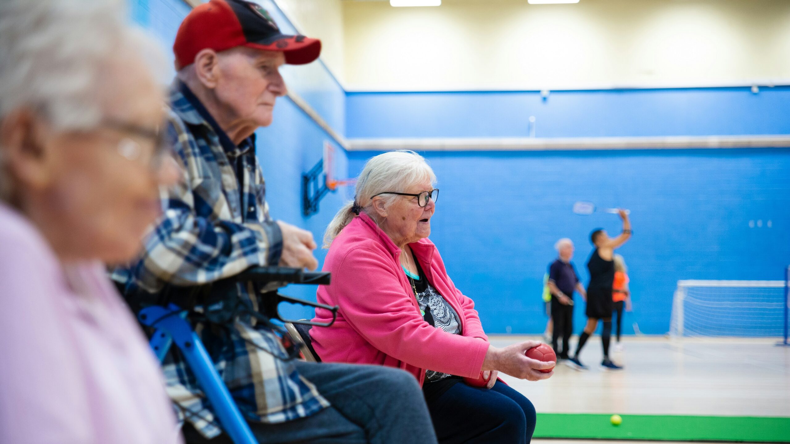 Seniors playing a game in a gymnasium.