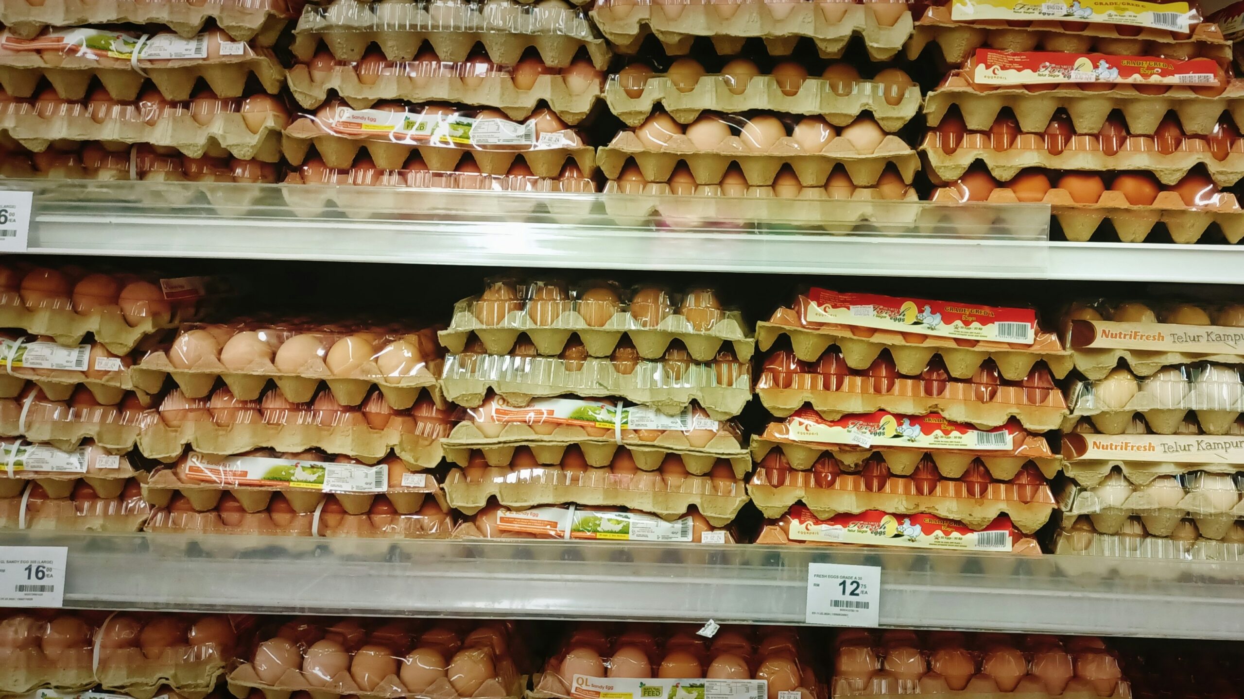 a display in a grocery store filled with lots of eggs