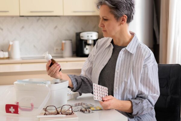 Beautiful aged woman pensioner aged with gray hair checking medicines at domestic first aid kit