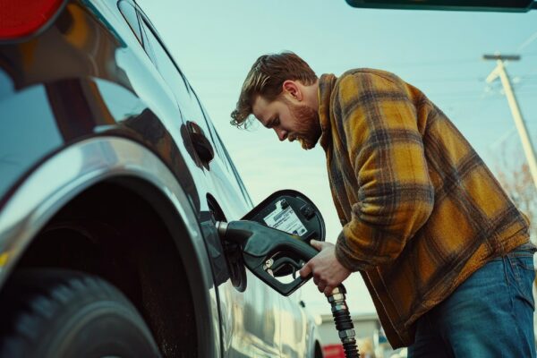 Man at a gas station attaching an air pump to his car tire to inflate it
