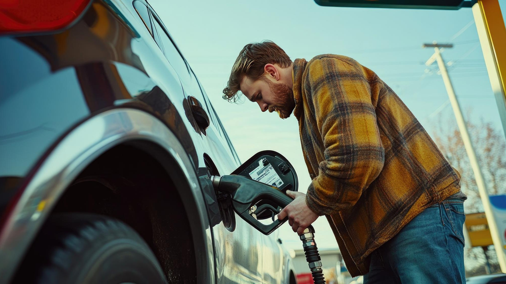 Man at a gas station attaching an air pump to his car tire to inflate it