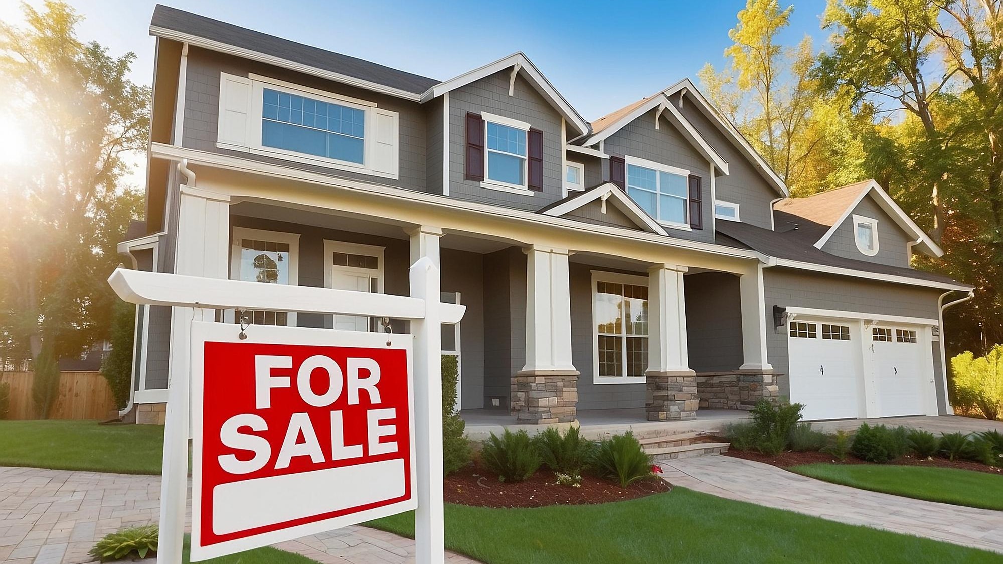 Home For Sale Real Estate Sign and Beautiful New House