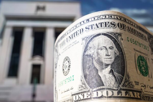 Dollar on the background Federal Reserve Building in Washington DC United States FED