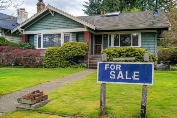 Home for sale with a sign with written FOR SALE in front of a house real estate sales concept