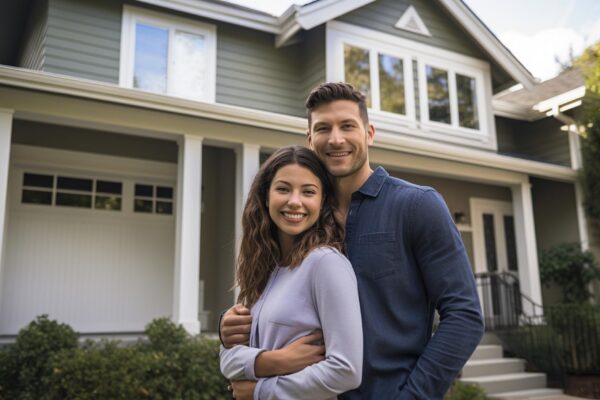 Joyful Newlyweds in Front of Their Dream Home