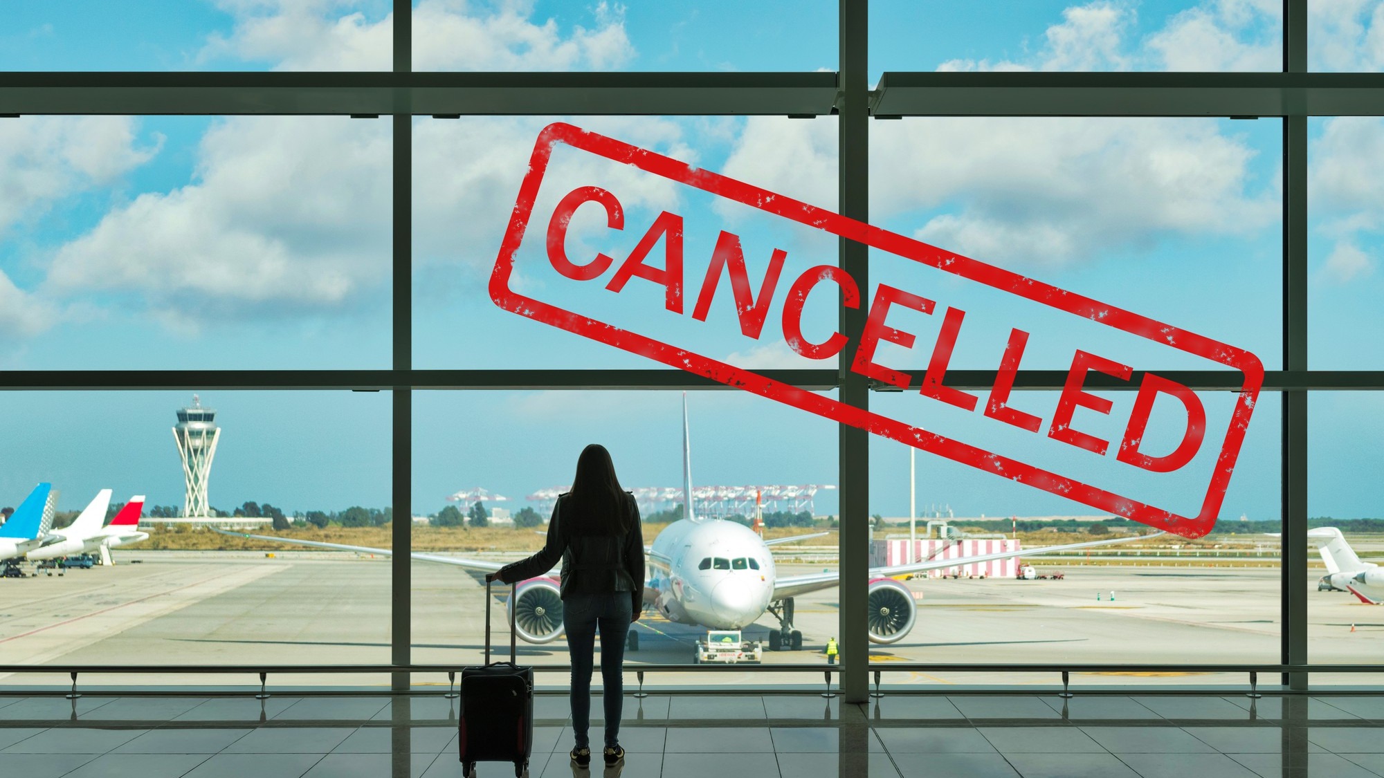 Young woman with suitcase in the departure hall at airport.