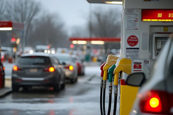 A busy city gas station with high gasoline pump prices drivers discussing the rising cost