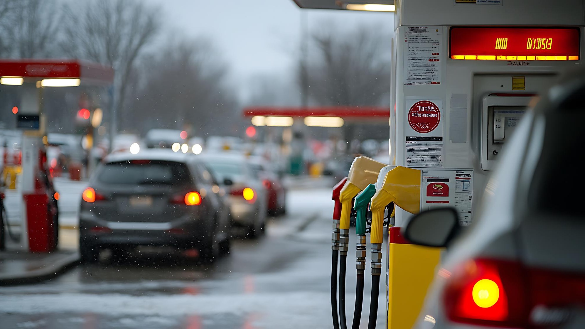 A busy city gas station with high gasoline pump prices drivers discussing the rising cost
